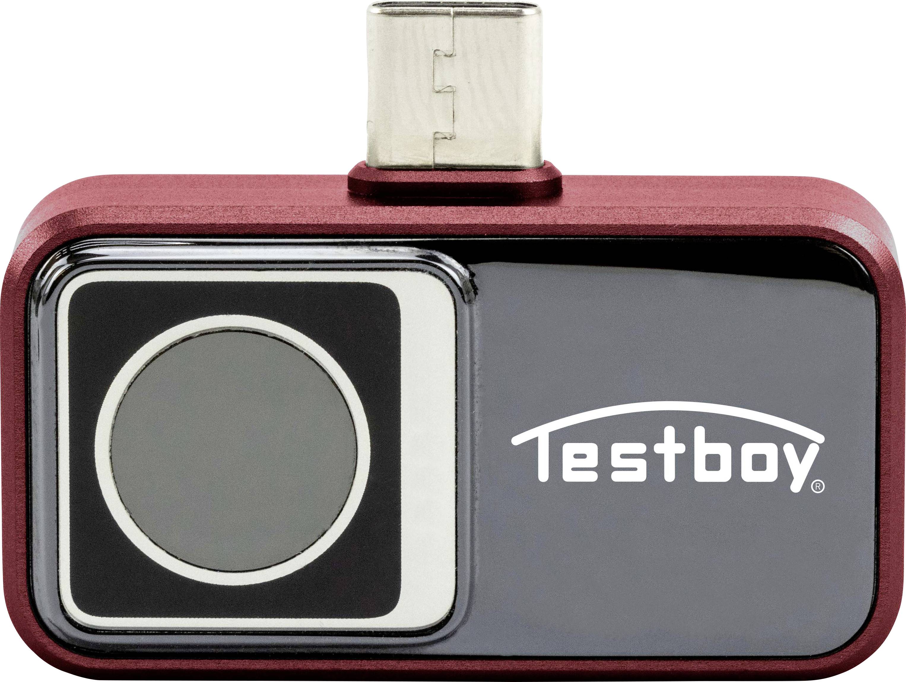 Een USB-C-adapter met een grote knop en de tekst 'Testboy' op de voorkant.