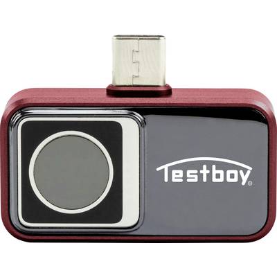 Een USB-C-adapter met een grote knop en de tekst 'Testboy' op de voorkant.