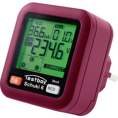 Een rood elektrisch meetapparaat toont 234,6 V op een groen display. Het heeft knoppen en is een Testboy Schuki 6.