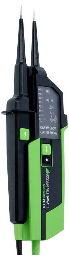 Digitale spanningszoeker met groene en zwarte behuizing, twee meetpennen en LED-display voor spanningsmetingen tot 1000V.