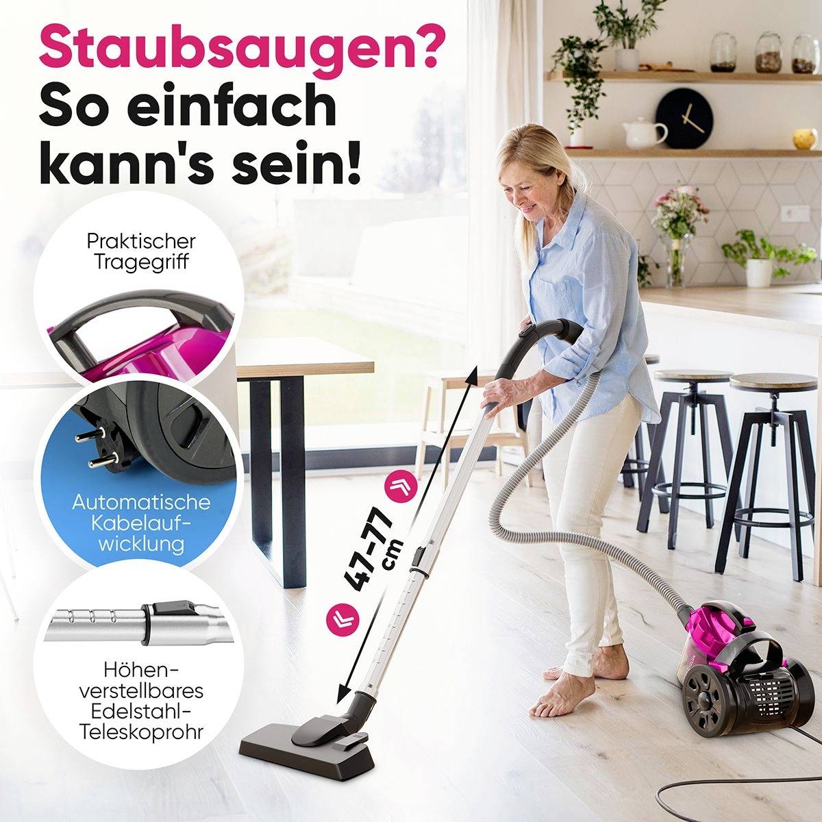 'Vrouw zuigt vloer met stofzuiger. Tekst: Stofzuigen? Zo makkelijk kan het zijn! Handige draaggreep, Automatische kabelopwikkeling, Hoogteverstelbaretelescoop RVS-buis.'