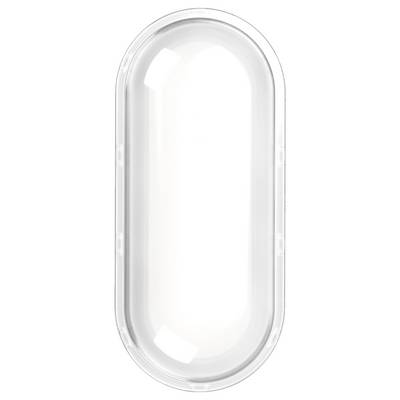 Een glad, langgerekt ovaal glazen voorwerp met een reflecterende oppervlakte, mogelijk een deksel of onderdeel van een verlichtingsarmatuur.