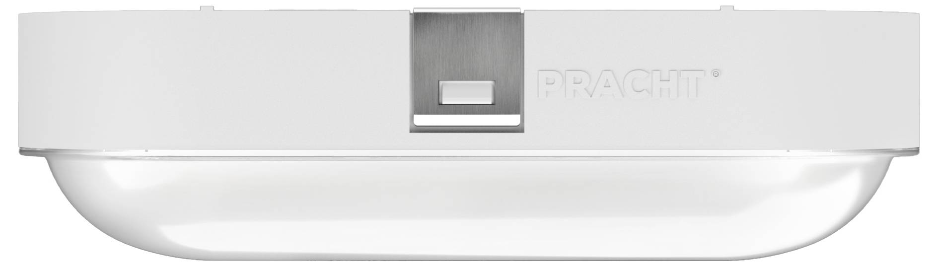 Een witte rechthoekige LED plafondlamp met een melkglazen afdekking en een metalen klem in het midden, voorzien van de merknaam 'Pracht' aan de zijkant.