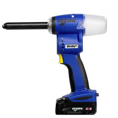 Accubetriebeerd blindklinkapparaat met een blauw behuizing en zwarte greep, merk 'GESIPA Birdie'. Ideaal voor het aanbrengen van blindklinknagels.