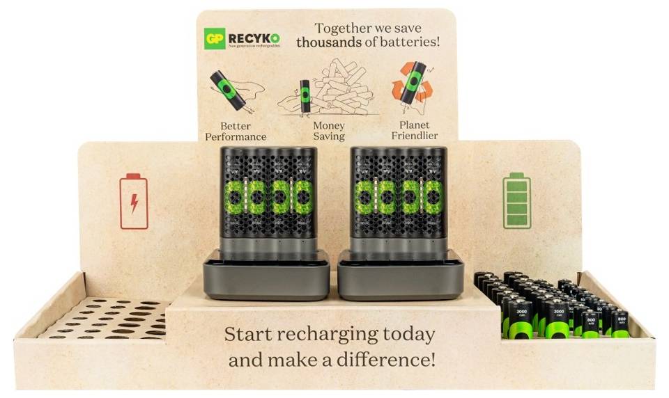 Een verkoopstandaard toont oplaadbare batterijen in twee opladers. Tekst bovenaan: 'Samen besparen we duizenden batterijen'.