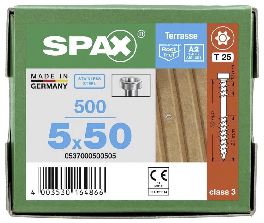 'SPAX terrasschroeven, 500 stuks, 5x50 mm, geschikt voor houten terrassen, roestvrij RVS A2. Afbeelding toont schroef en verpakking.'