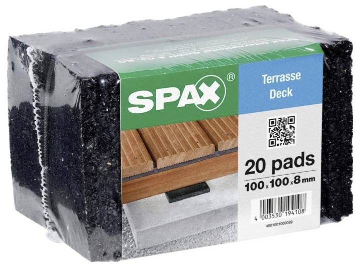 Productverpakking voor 'Terras Deck' van SPAX. Bevat 20 pads, afmetingen 100x100x8 mm. Afbeelding toont voorbeeld van houten terrasdek montage.