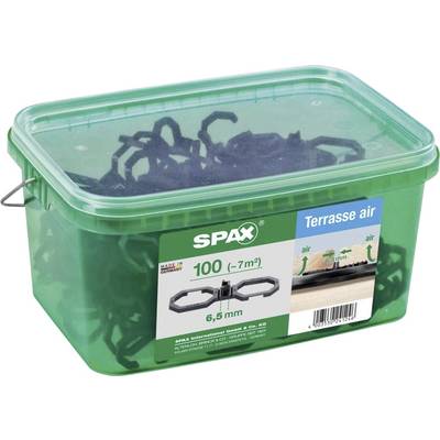 Groene plastic container met Spax terras-afstandhouders, 6,5 mm breed, voor 7 m². Bevat 100 stuks.