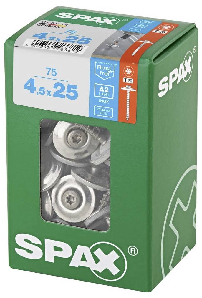 'SPAX Schroeven, 75 stuks, 4,5 x 25 mm, roestvrij staal, T20-Torx, A2 Inox' op groene karton. Verpakking toont schroeven.