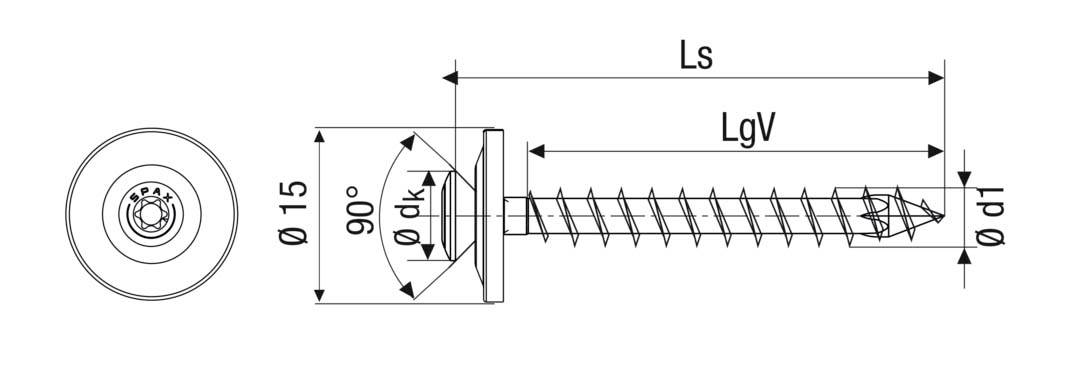 Technische tekening van een schroef met afmetingen: Kop-Ø 15 mm, lengte Ls, schroefdraadlengte LgV, kop 90° hoek, boordiameter dk.
