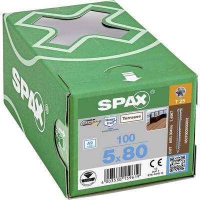 Groene SPAX-schroevendoos met productinformatie: T 25, 100 stuks, 5x80 mm, vervaardigd uit roestvrij staal, geschikt voor terraswerkzaamheden.