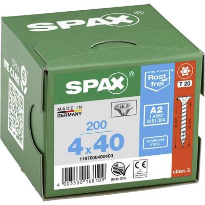 Groene verpakking met SPAX-logo. Bevat 200 schroeven, 4x40 mm, van roestvrij staal A2. 'Made in Germany'. Toepassing voor T 20.