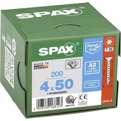 Groene verpakking met SPAX-schroeven, 200 stuks, maat 4x50 mm, gemaakt in Duitsland. Roestvrij RVS, klasse 3.