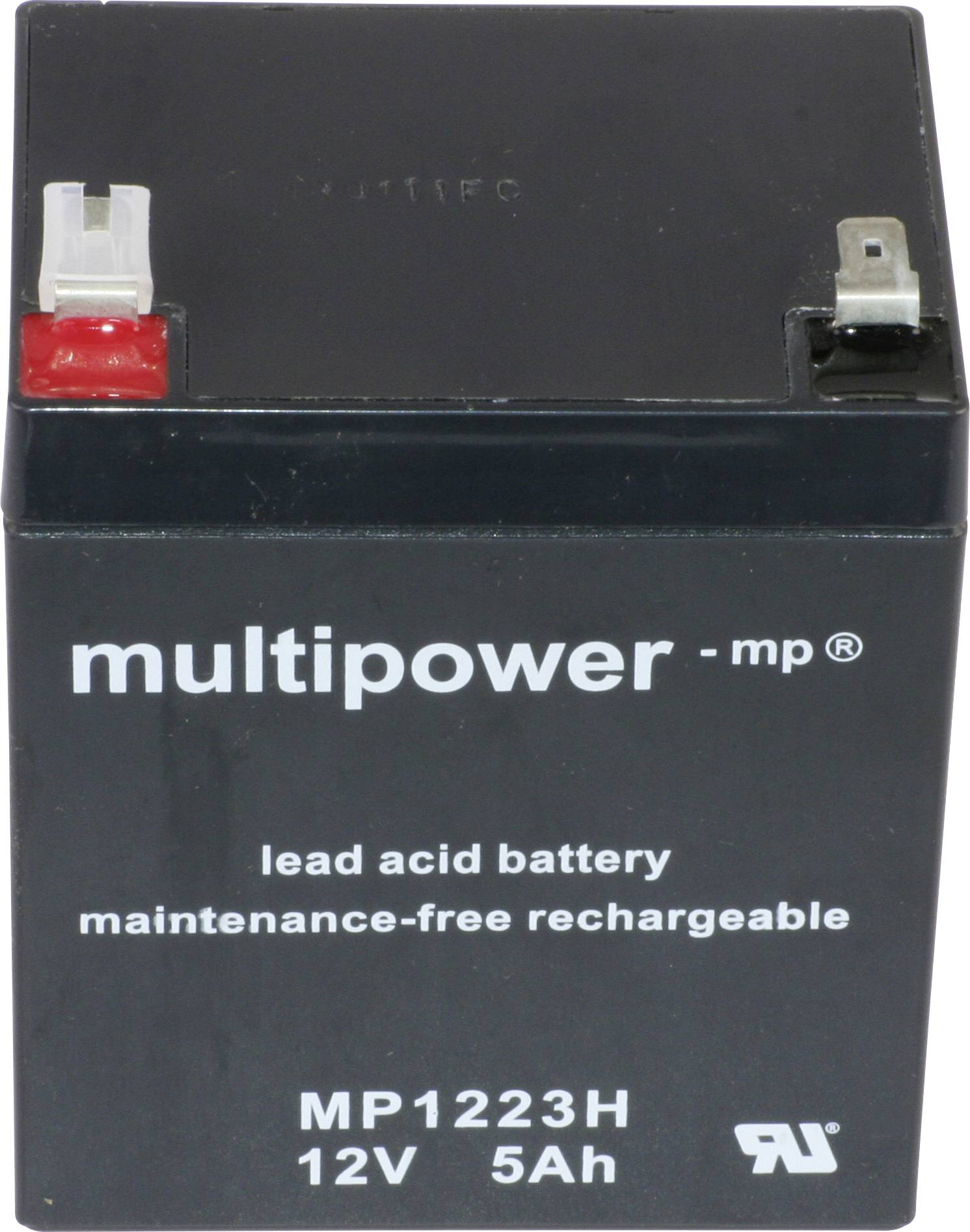 Zwarte 12V 5Ah Loodaccu van Multipower met rode en zwarte aansluiting, gemerkt als 'onderhoudsvrij, oplaadbaar'.