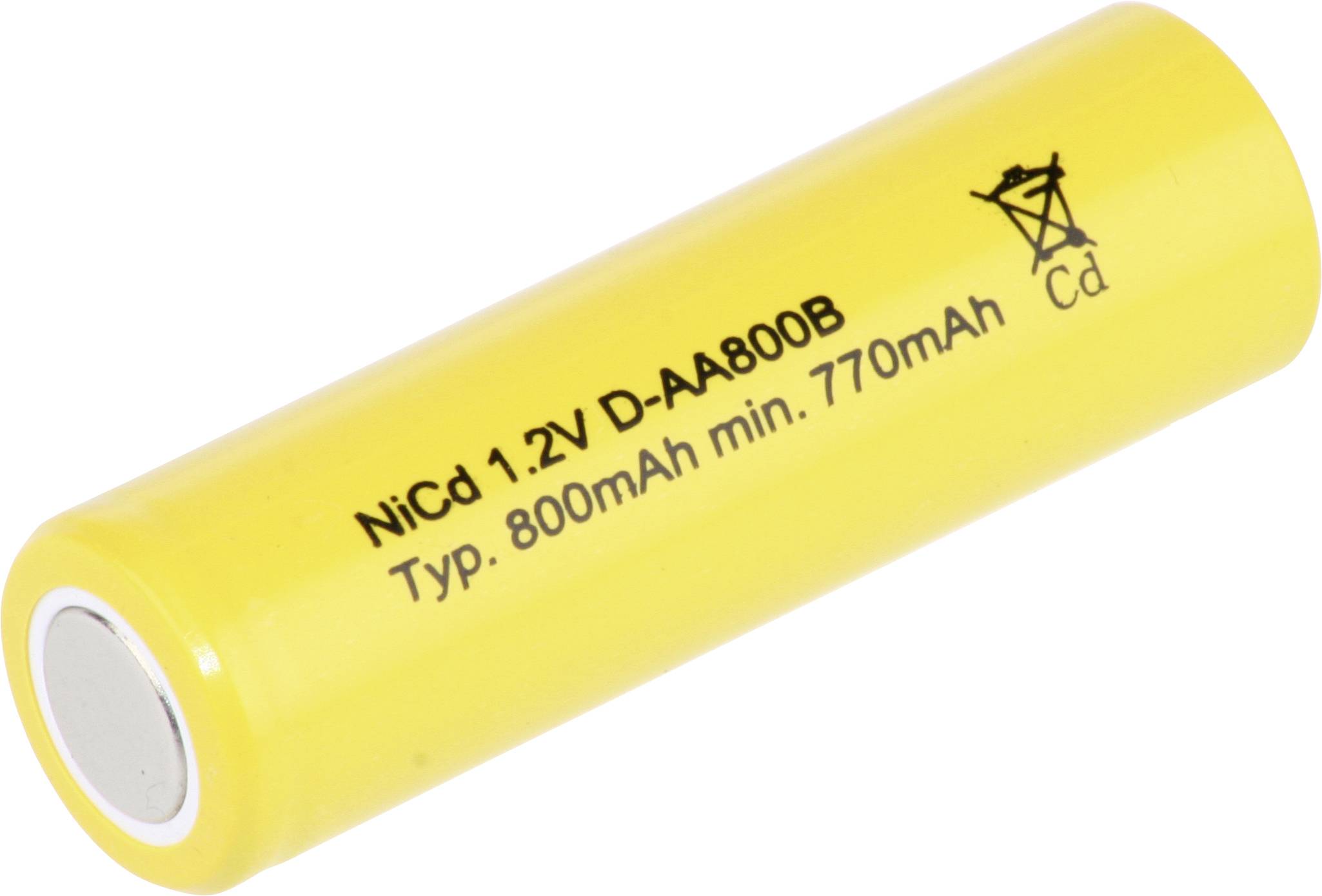 Een cilindrische gele batterij gelabeld als 'NiCd 1.2V D-AA800B, Typ. 800mAh min. 770mAh', die zijn type en capaciteit aanduidt.