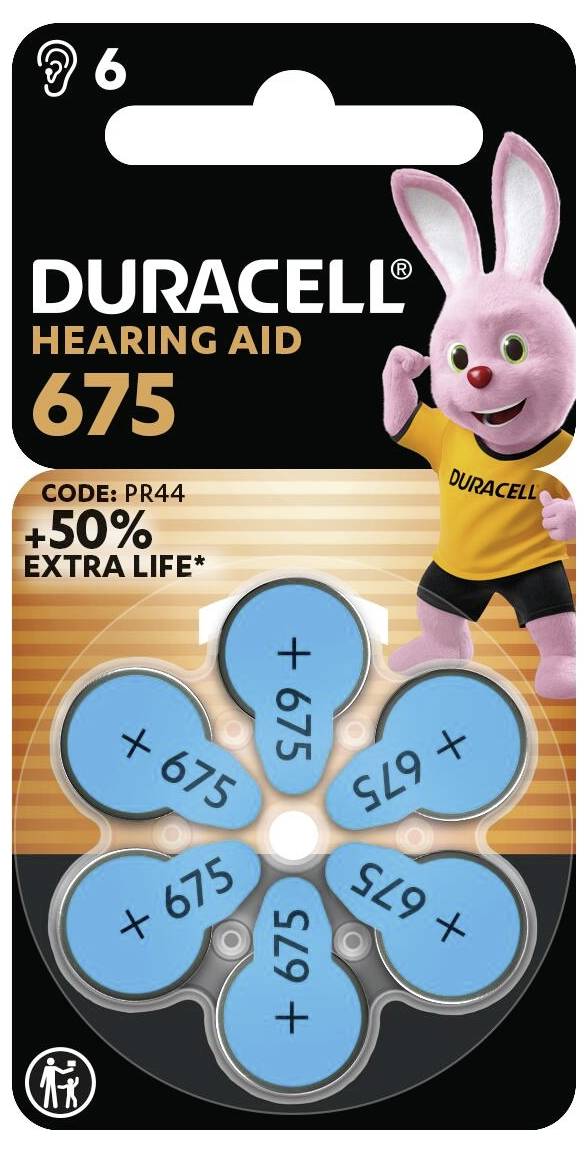 Duracell gehoorapparaatbatterijen, maat 675, weergegeven in een pak met zes blauwe batterijen. Tekst benadrukt 'CODE: PR44 +50% EXTRA LEVENSDUUR'.
