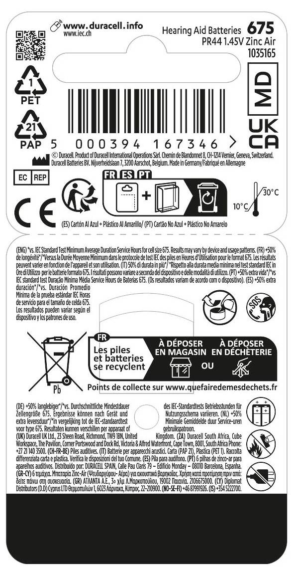 'Hoorapparaat Batterijen 675, PR44, 1,45V Zink-Lucht, Duracell. Verpakking bevat recyclingssymbolen, verwijderingsinstructies en contactgegevens.'