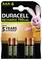 Pakket van vier oplaadbare Duracell AAA-batterijen, 750 mAh, met een cartoon konijnmascotte, met de tekst 'Houdt 5 jaar in opslag'.