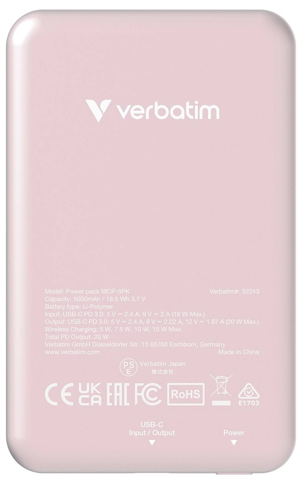 Een roze powerbank van het merk Verbatim met specificaties en certificeringslogo's op de achterkant.