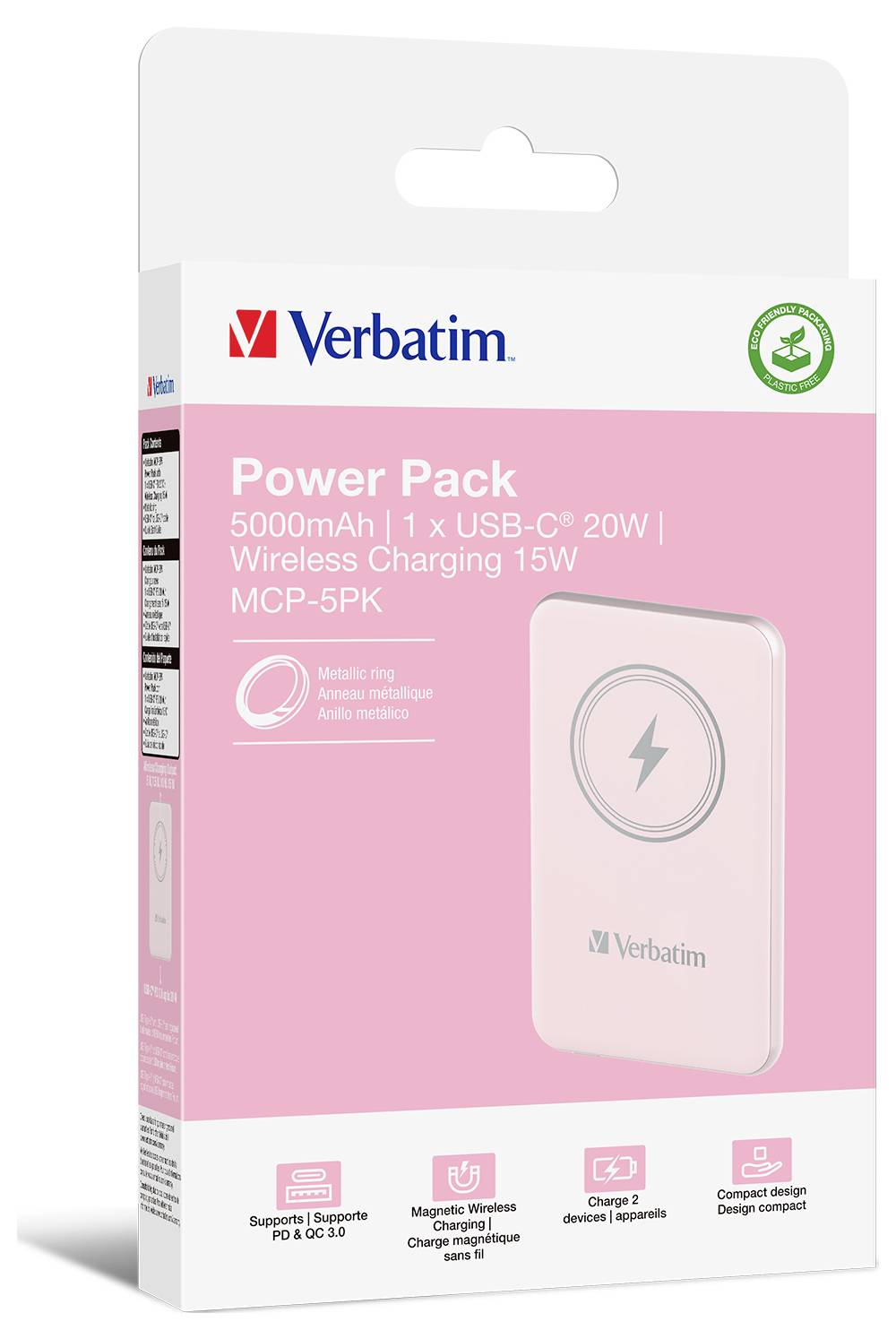 Verpakking van een Verbatim Power Pack met 5000mAh | 1 x USB-C 20W | Draadloos opladen 15W | Model MCP-5PK. Energielabel zichtbaar.