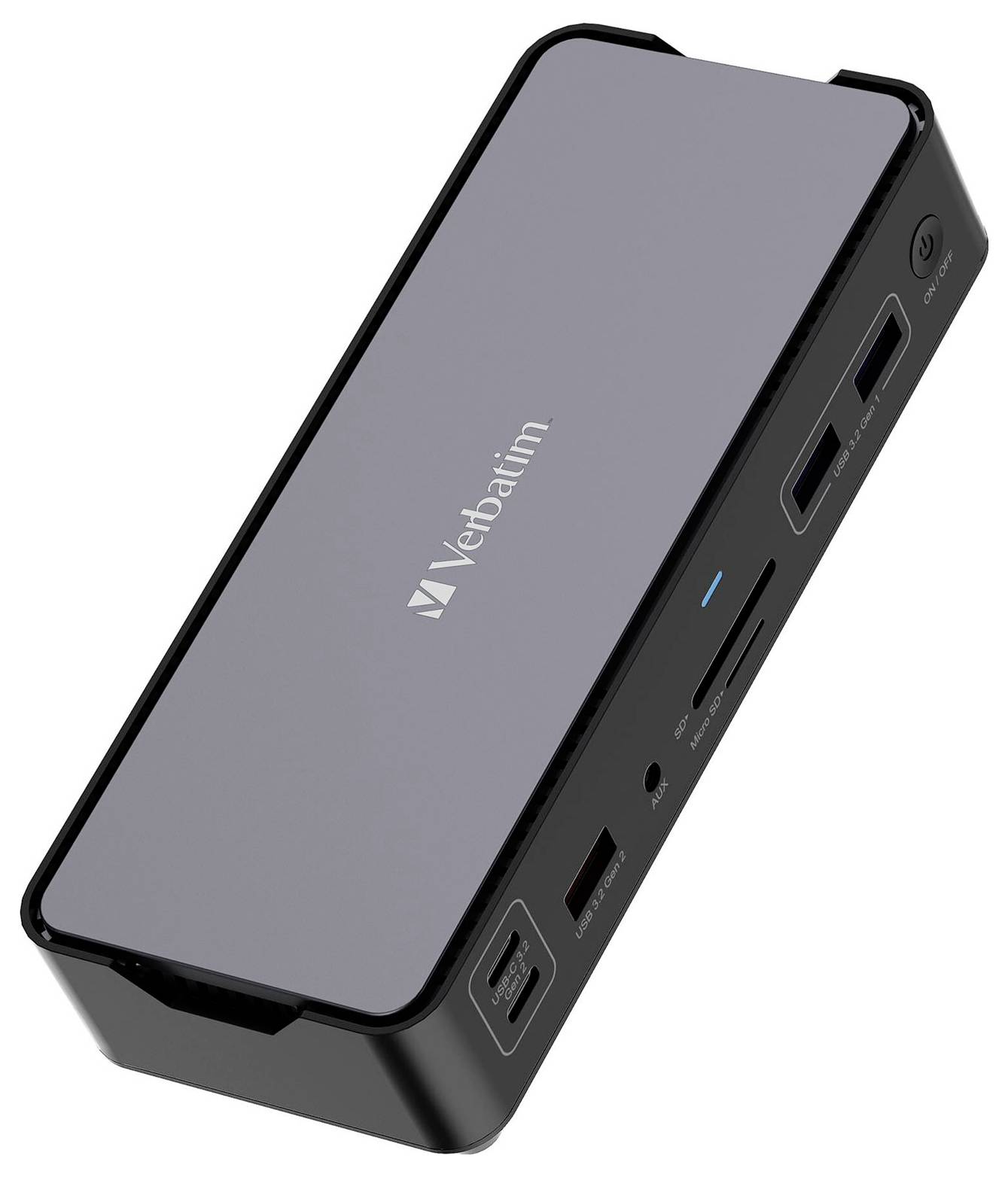 Een USB-C-hub met meerdere aansluitingen, waaronder USB, HDMI en kaartlezer. Merknaam op het oppervlak.