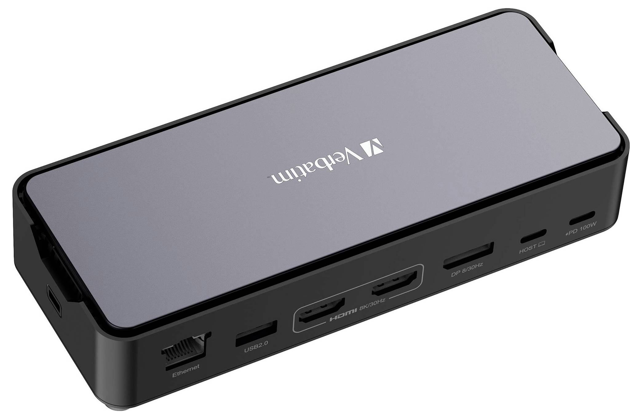 Een rechthoekige adapter met meerdere aansluitingen, waaronder HDMI, USB en Ethernet, met daarop de merknaam 'Verbatim'.