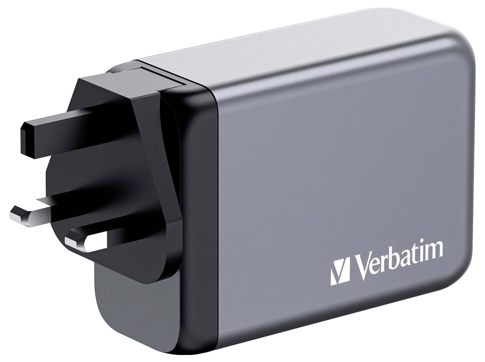 Een driependige stekkerdoos-adapter met het 'Verbatim' logo erop. De adapter is zwart en grijs en geschikt voor Britse stopcontacten.