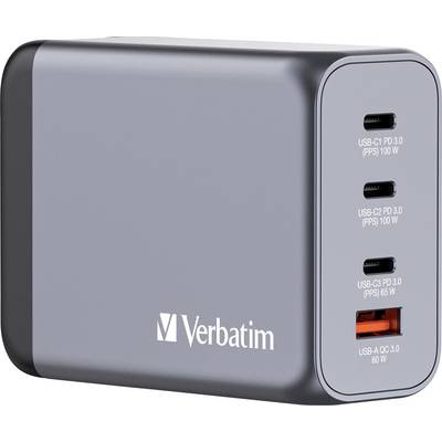 'Grijs oplaadstation van Verbatim' met vier USB-poorten en de tekst 'USB-C1 PD 3.0 100 W, USB-C2 PD 3.0 100 W, USB-C3 PD 3.0 65 W, USB-A QC 3.0 60 W'.