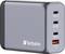 'Grijs oplaadstation van Verbatim' met vier USB-poorten en de tekst 'USB-C1 PD 3.0 100 W, USB-C2 PD 3.0 100 W, USB-C3 PD 3.0 65 W, USB-A QC 3.0 60 W'.