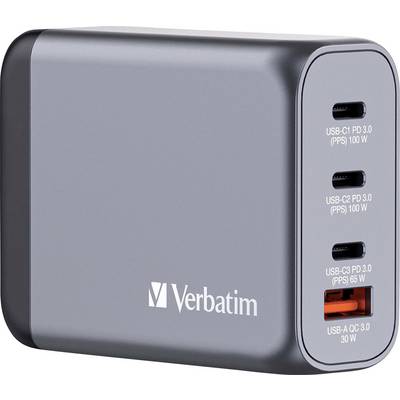Een grijs oplaadstation van Verbatim met drie USB-C-poorten en een USB-A-poort. De USB-C-poorten ondersteunen 100 W, 65 W en 30 W.