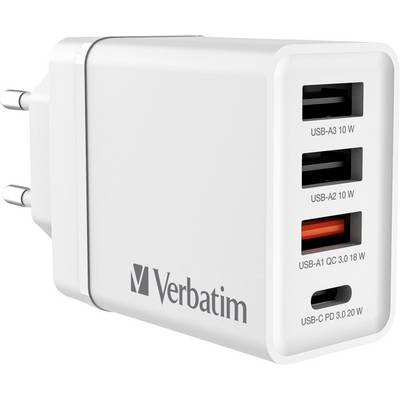 Een wit laadstation met drie USB-A-poorten en een USB-C-poort. Elke poort is gemarkeerd met zijn eigen vermogen.