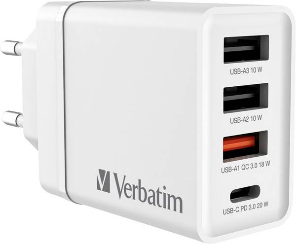 Verbatim CHR-30EU2 USB-oplader 30 W 3x USB-A, 1x USB-C USB PD, QC 3.0, USB PD 3.0 Wit Mobiel, Binnen, Thuis Qualcomm Quick Charge 3.0, USB Power Delivery (USB-PD), Overstroombeveiliging, Snellader
