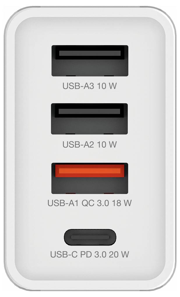 USB-oplader met vier poorten: twee USB-A (elk 10 W), één USB-A QC 3.0 (18 W) en één USB-C PD 3.0 (20 W).