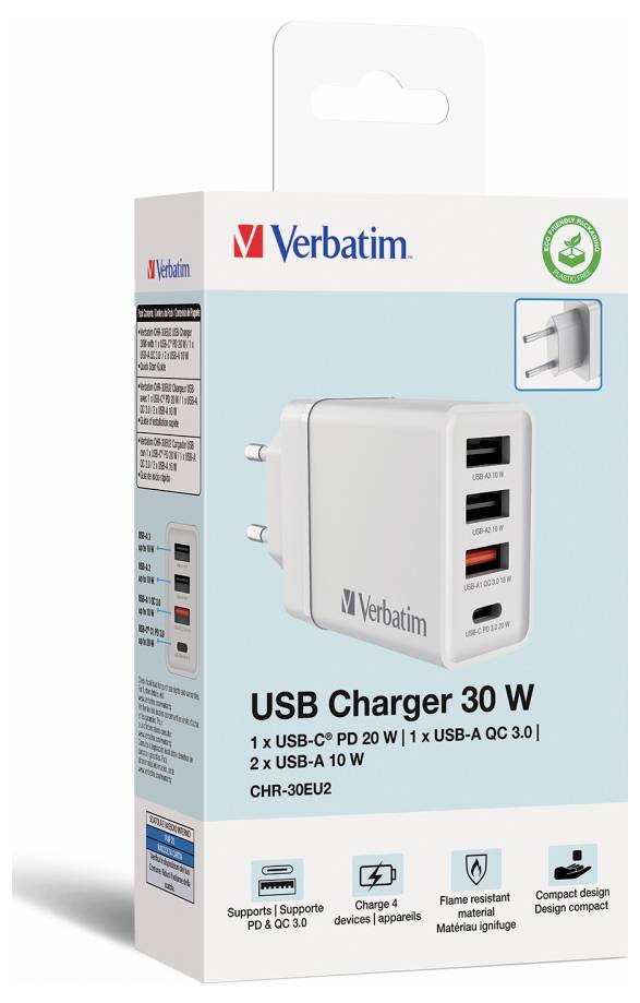 Verpakking van een Verbatim USB-oplader met 30 W, toont twee USB-A- en één USB-C-poort. Functies: snel opladen, compact.