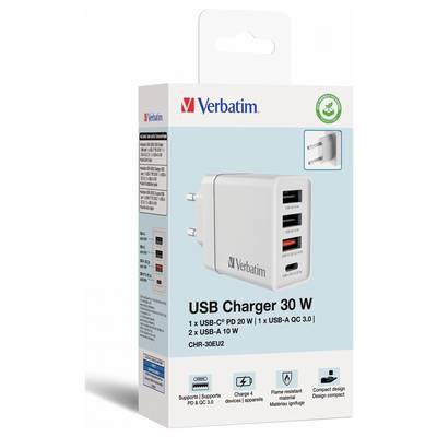 Verpakking van een Verbatim USB-oplader met 30 W, toont twee USB-A- en één USB-C-poort. Functies: snel opladen, compact.