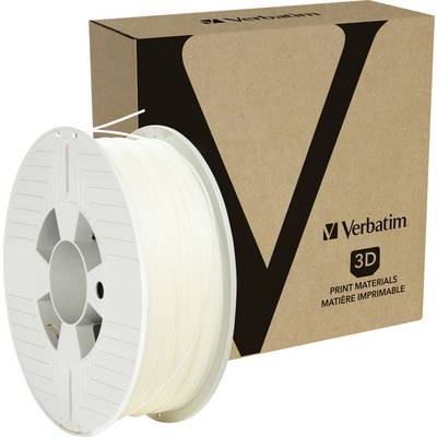 Doos met 'Verbatim 3D Print Materials' en een witte 3D-printer-filamentrol, levert verbruiksmaterialen voor 3D-printen.