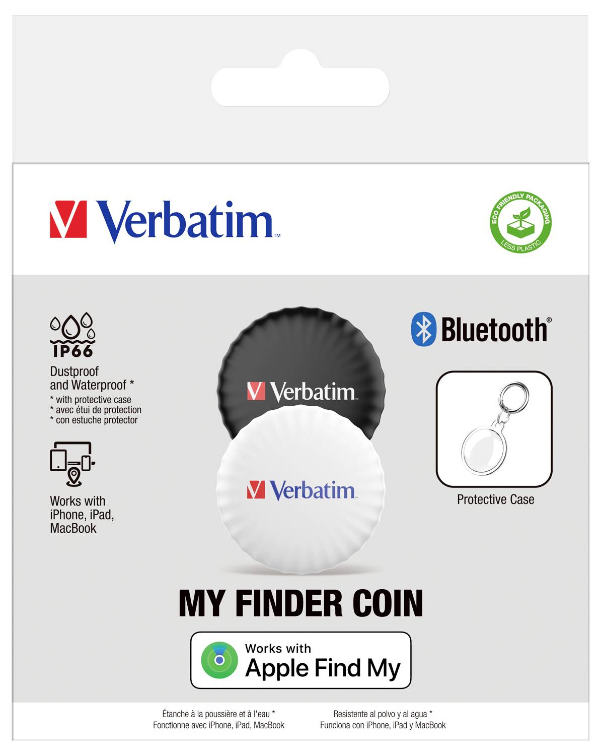 Verpakking van een Verbatim Bluetooth-trackmunt, compatibel met Apple 'Find My'. Stof- en waterdicht, inclusief beschermhoes.