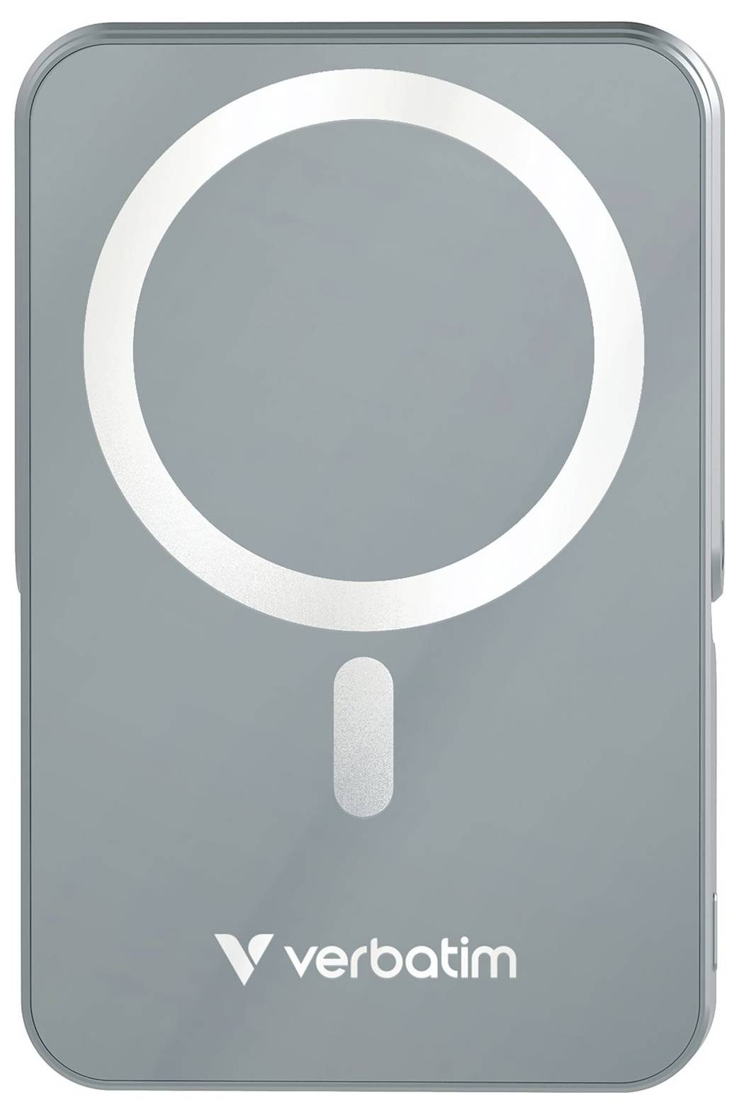 Een grijze draagbare harde schijf met een zilveren cirkel en het 'Verbatim' merklogo op de voorkant.