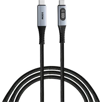 USB-C-kabel met zwart gevlochten ontwerp en digitale displays aan beide uiteinden die de laadstroom in watt weergeven.
