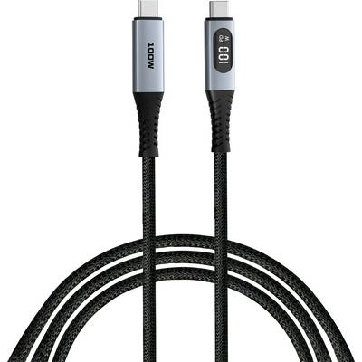 'USB-C naar USB-C-kabel met geïntegreerd display voor real-time weergave van de laadsnelheid in watt. Zwart met zilveren aansluiting.'