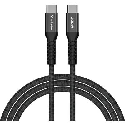 Twee USB-C-kabels met een zwart gevlochten ontwerp, links gemarkeerd met 'Verbatim', rechts met '100W', op een witte achtergrond.