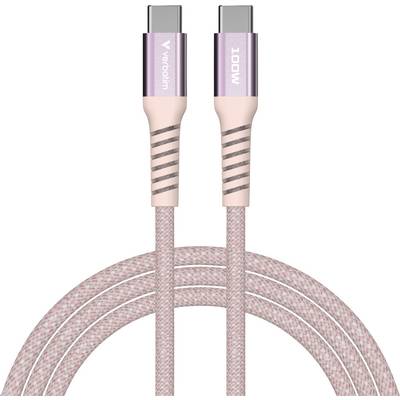 Een roze USB-C-kabel met metalen connectoren. Op één connector staat 'Veredim', op de andere '100W'. Gestructureerde, gevlochten buitenmantel.