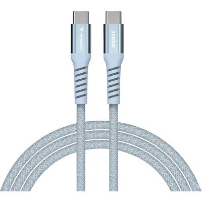 Een blauw USB-C-kabel van Verbatim, 100W, met gevlochten ontwerp en versterkte connectoren. Ideaal voor snel opladen en gegevensoverdracht.