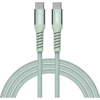 Een groen USB-C-kabel met twee aansluitingen. De linker aansluiting heeft de opdruk 'Verodtm', de rechter '100W'.