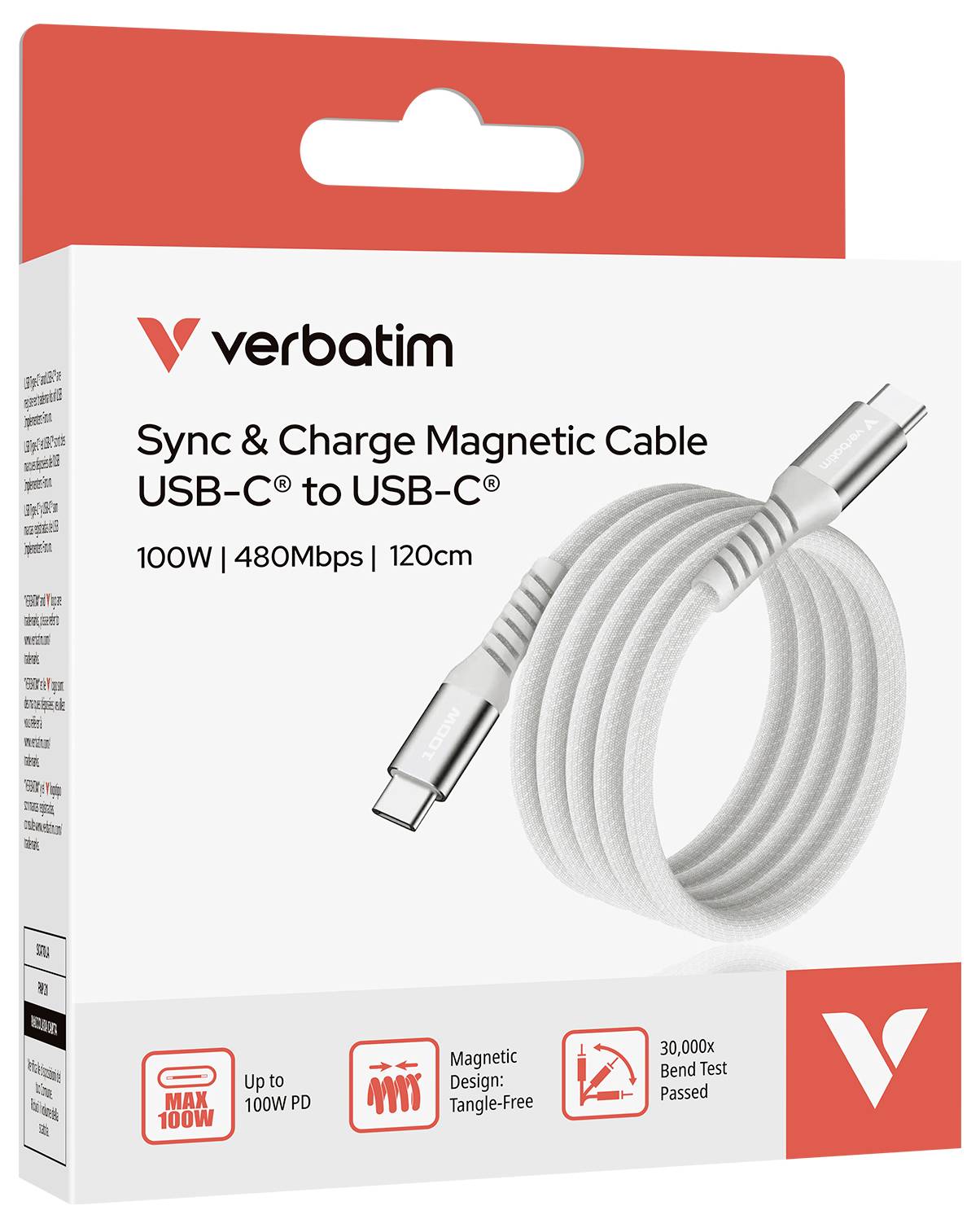 Verpakking van een Verbatim Sync & Charge magnetische kabel, USB-C naar USB-C, 100W, 480Mbps, 120cm. Wit gevlochten kabel afgebeeld.