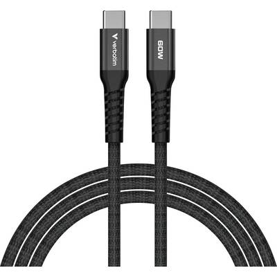 Twee zwarte USB-C-kabels van Verbatim met de opdruk '60W', naast elkaar liggend, op een witte achtergrond.