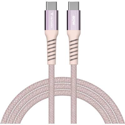 Twee roze USB-C-kabels met 60W-aanduiding op de aansluitingen, spiraalvormig gewikkeld. Geschikt voor snel opladen en gegevensoverdracht.