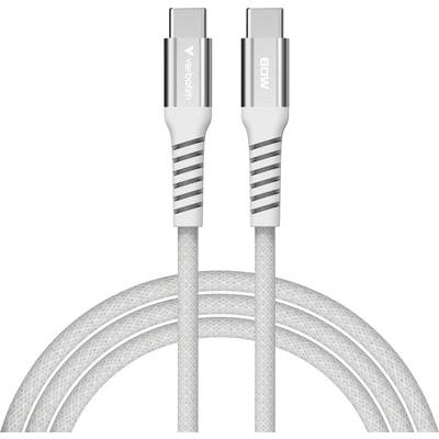 Twee witte USB-C-kabels met zilveren uiteinden, één met het opschrift 'Verbatim' en de andere met '60W', op een witte achtergrond.