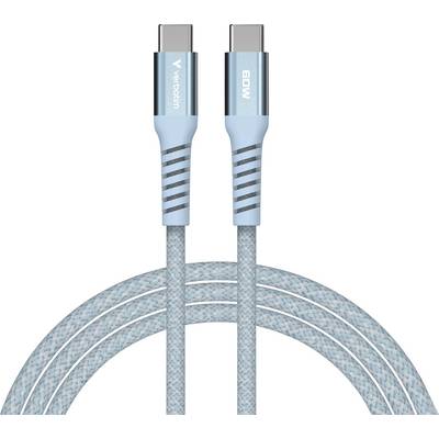 Een lichtblauw USB-C-kabel van 'Verbatim' met 60W-aanduiding, gevlochten ontwerp en zilveren accenten.
