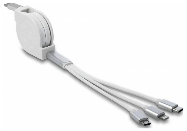 Een intrekbare oplaadkabel met een USB-A-stekker aan de ene kant en drie verschillende aansluitingen aan de andere kant.